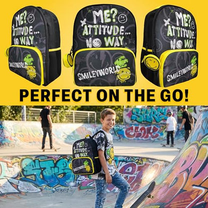 Get Trend Smiley World Kids Backpack for Boys, 18 inch Book Bag with Adjustable Padded Straps, Travel School Bag, Kids Gifts (Yellow/Multi Smiley) - color: Yellow/Multi Smiley