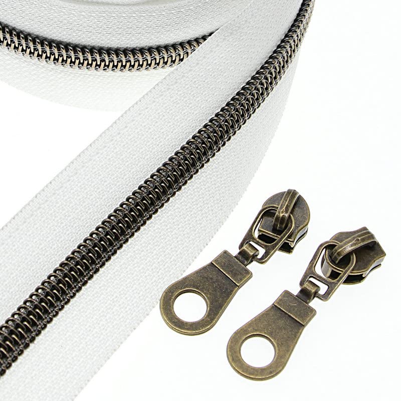 #5 Antique Brass Metallic Nylon Coil Zippers by The Yard, Bulk 10 Yards White Tape with 25PCS Antique Brass Zippers Pulls for DIY, Sewing, Tailor, Craft, Bags YIGUANXIN - color: White-Brass