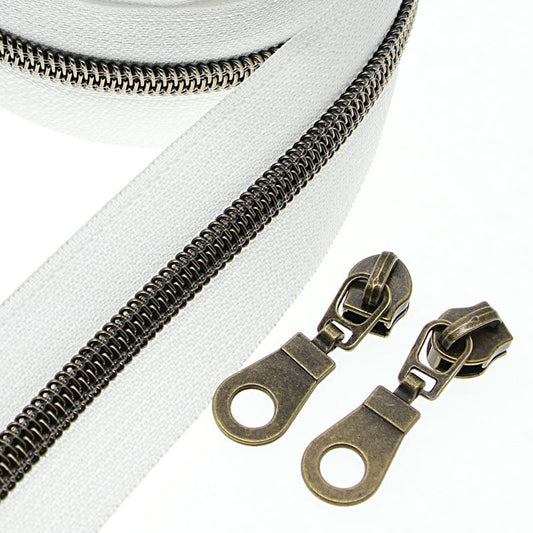 #5 Antique Brass Metallic Nylon Coil Zippers by The Yard, Bulk 10 Yards White Tape with 25PCS Antique Brass Zippers Pulls for DIY, Sewing, Tailor, Craft, Bags YIGUANXIN - color: White-Brass