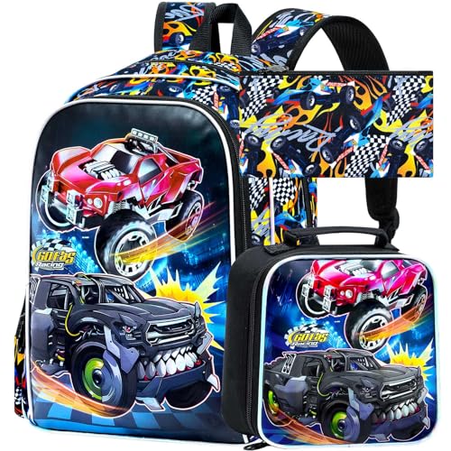 3Pcs Truck Backpack, 16" Boys Bookbag with Lunch Box, Kids School Backpacks Set for Elementary Preschool Kindergarten (Balck) - color: Truck Black