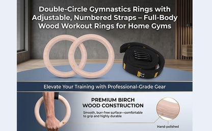POCREATION Gymnastics Rings Double Circle Wood Rings with Polyester Straps for Comprehensive Home Gym Workouts