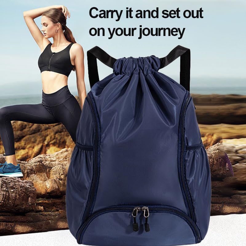 Drawstring Backpack Gym Bag with Dual Front Zipper Pockets & Expandable Side Pockets, Adjustable Shoulder Straps for Soccer, Basketball, Swim, Gym Commute Travel, Blue