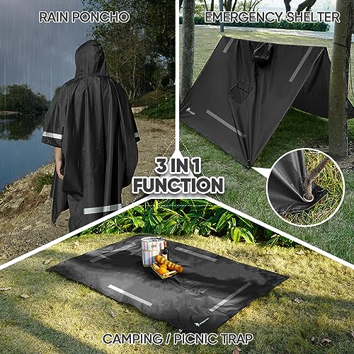 PTEROMY 3-in-1 Hooded Rain Poncho for Adult with Pocket, Waterproof Lightweight Unisex Raincoat for Hiking Camping Emergency - color: Black W/ Reflective Stripe