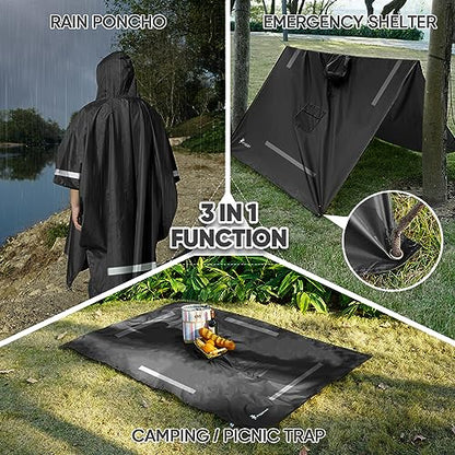 PTEROMY 3-in-1 Hooded Rain Poncho for Adult with Pocket, Waterproof Lightweight Unisex Raincoat for Hiking Camping Emergency - color: Black W/ Reflective Stripe