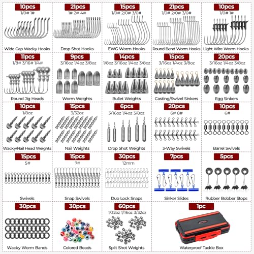 MadBite by KastKing 182/265/400pcs Compact Fishing Tackle Kit - All-in-One Freshwater Hooks, Weights, Bobbers in Tackle Box, Fishing Gear Set for Bass Trout Panfish - style: 400pcs Terminal Tackle Kit