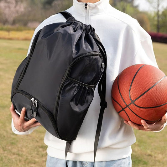 Drawstring Backpack Gym Bag with Front Zipper Pocket & Side Compartments, Adjustable Shoulder Straps for Commute Gym Travel, Daily Essentials Fitness Gear Organizer, Black