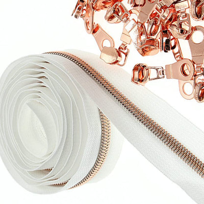 #5 Rose Gold Metallic Nylon Coil Zipper by The Yard, Bulk 10 Yards White Tape with 25PCS Rose Gold Zippers Pulls for Sewing, Bags, Purses YIGUANXIN - color: White-Rose Gold