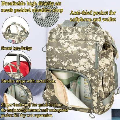 Diaper Bag Backpack for Dad and Mom with USB Charging Port Stroller Straps and Insulated Pocket,army military Travel Nappy Backpack for Daddy/Mommy (Camo) - color: Camo