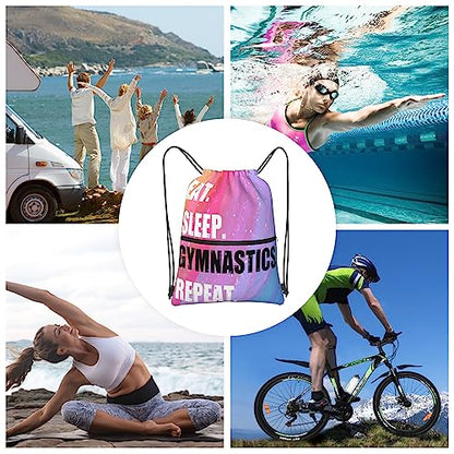 Drawstring Backpack Eat Sleep Gymnastics Repeat, Gym Waterproof String Bag, Outdoor Sports Drawstring Sackpack for Women - color: Eat Sleep Gymnastics Repeat