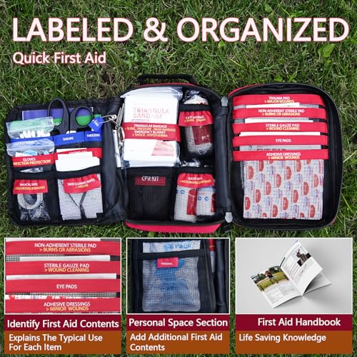 First Aid Kit, Upgrade Trauma First Aid Kit with Labelled Compartments -Emergency Medical Kits with Molle System First Aid Kits for Car, Home, Hiking, Camping and Outdoor Emergencies -216 Pieces - size: Standard Kit