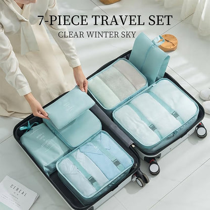 7 Set Packing Cubes for Suitcases, Breathable Luggage Organizer Bags, Travel Essentials with Clothing, Shoe, Cosmetics, Flat, Drawstring Bags, Grey - color: Grey