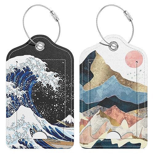 2 Pack PU Leather Luggage Tags for Suitcase, Travel Cruise Luggage Tag with Privacy Flap, Name ID Label and Metal Loop for Women Men Baggage Handbag School Bag Backpack, Sea Wave Sun - color: Sea Wave Sun, size: 2 Pack