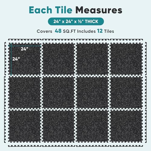 NEWBULIG Interlocking Foam/Rubber Floor Tiles, Gym Flooring for Home Gym Mat 24 inch Long, 1/2 Inch Thick, Foam/Rubber Mats for Floor, Garage, Workout Space, Non-Slip，6/12/36 pcs