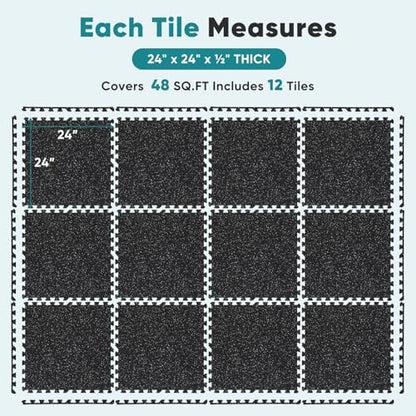 NEWBULIG Interlocking Foam/Rubber Floor Tiles, Gym Flooring for Home Gym Mat 24 inch Long, 1/2 Inch Thick, Foam/Rubber Mats for Floor, Garage, Workout Space, Non-Slip，6/12/36 pcs