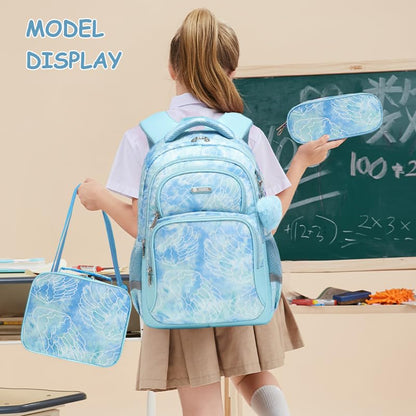 Cusangel Kids school Backpack with lunch bax for Girls,Elementary 6-12years Bookbag nylon large capacity backpack,Daypack - color: Green 3pcs