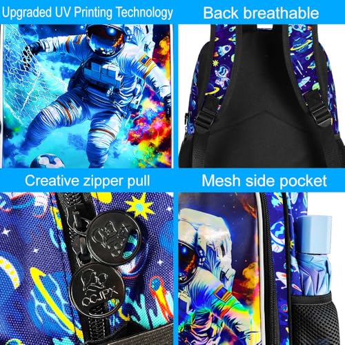 HPJGD 3PCS Boys Astronaut Bookbag, Water Resistant Kids School Bag Set with Lunch Box, Cool Backpack for Elementary Preschool Toddler - Soccer Astronaut - color: Cool Uv Printed Astronaut Soccer Blue