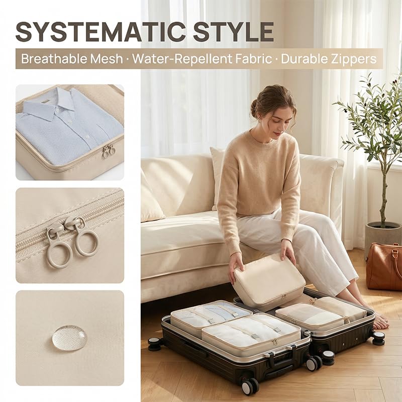 7pcs high-capacity travel storage set, travel storage bag, clothing protection bag, nylon packing cube and storage bag, suitable for clothing, pants, shoes, socks, lightweight holiday style duffel bag