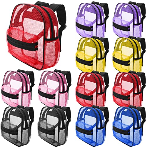 Silkfly 12 Pcs 17 Inch Mesh Backpack Bulk for School Kids Clear Backpack See Through Heavy Duty Bookbags with Adjustable Straps for Boys Girls Student Adult, Sports Travel Donations Supplies