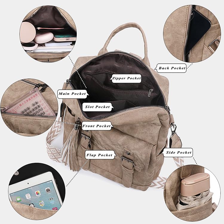 Fashion PU Leather Backpack Purse for Women Travel Backpack Bag with Tassel Ladies Shoulder Handbags Casual Daypack - color: Beige