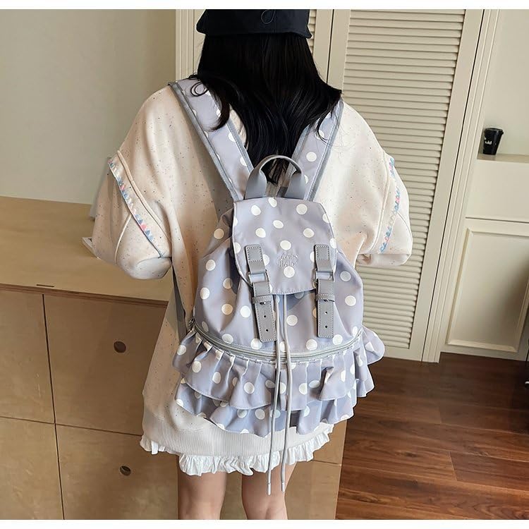 Cute Polka Dot Lace Backpack for Women Flap-top Casual Backpack Cute Nylon Bookbag - color: Grey