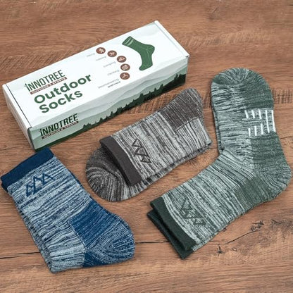 innotree Men's Merino Wool Hiking Socks 3 Pairs, Moisture Wicking Cushioned Breathable Crew Socks for Hiking Walking Trekking - color: Grey, Blue, Green, size: X-Large