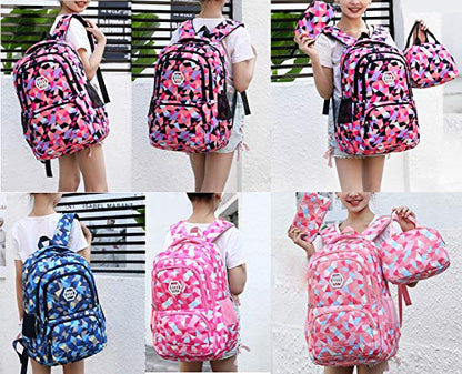 JiaYou Girl Geometric Printed Primary Junior High University School Bag Bookbag 3pcs Backpack Sets(2# Rose-3pcs,35 L) - color: 2# Rose-3pcs, size: 35 L