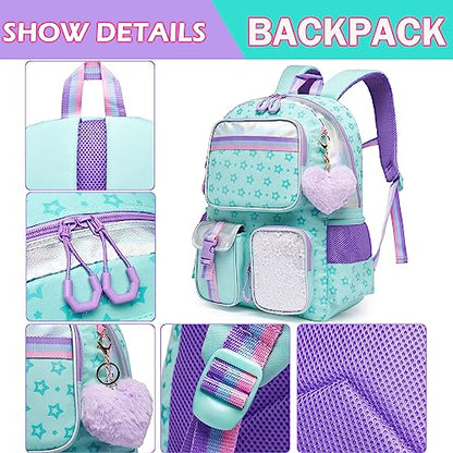 Meetbelify Aesthetic Backpack with Lunch Box Pencil Case for Elementary Students - Cute Bookbag for Girls 8-10 - color: Star Green 3pcs