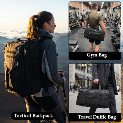 3-in-1 Tactical Duffle Backpack - 50L Large Gym Bag with Shoe Compartment & Wet Pocket, Water-Resistant Travel Bag for Men & Women, Carry-On Weekender Overnight Bag with MOLLE System
