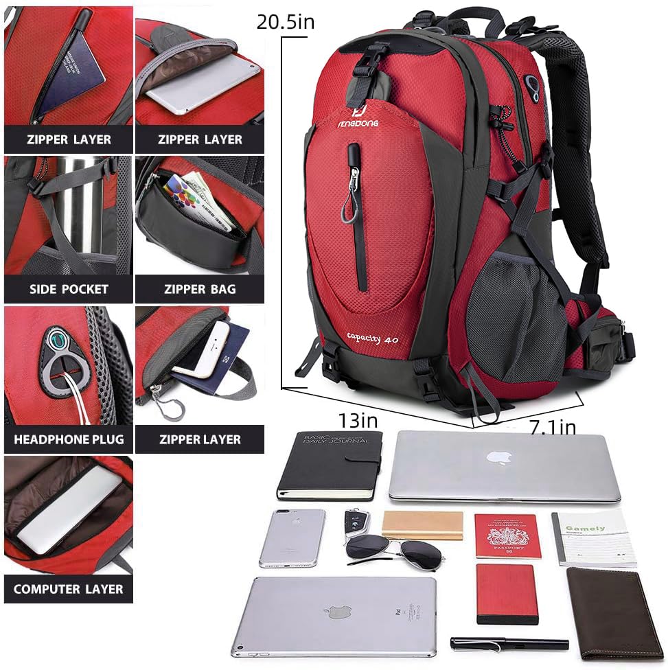 FENGDONG 40L Waterproof Lightweight Hiking,Camping,Travel Backpack for Men Women Red - color: A3- Red
