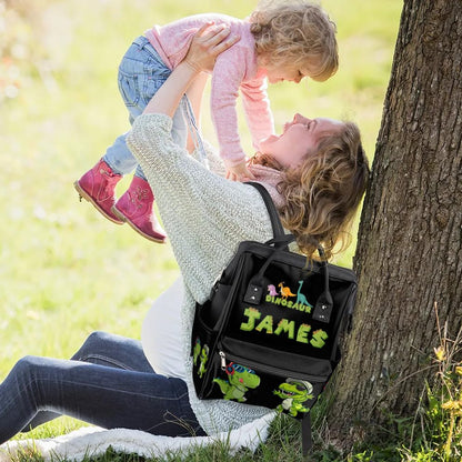 Personalized Dinosaur-Diaper-Backpack Custom-Diaper-Bag with-Name for Mom Dad Waterproof Baby Boy Nappy-Bag Black Mommy-Backpack - color: Black