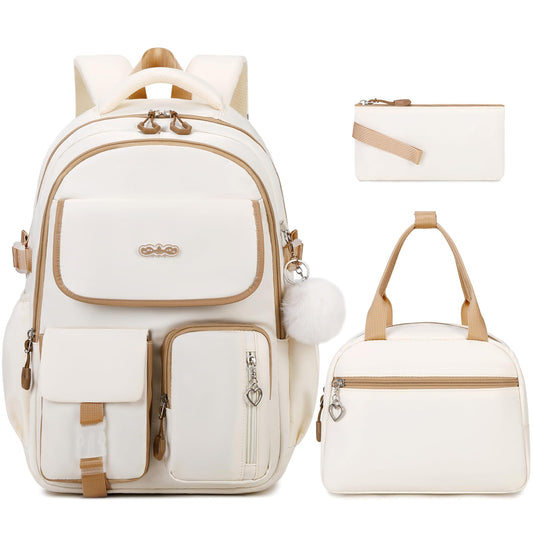 DIGOBAY Backpacks for Girls, 3PCS School Backpack with Lunch Box Pencil Pouch for Teen Girls Kids Elementary Primary Middle High College Travel School bag Bookbag Set （Beige-Khaki） - color: Beige-khaki