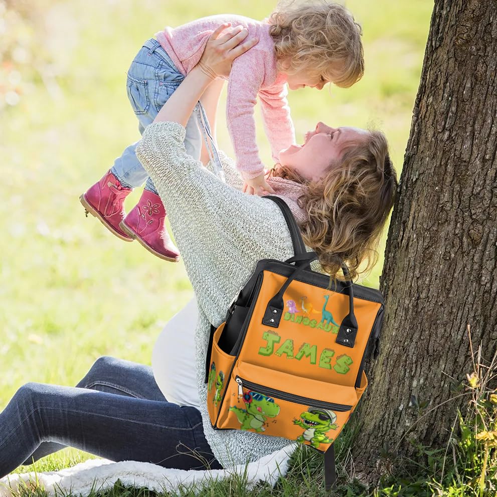 Custom Dinosaur-Diaper-Bag for-Baby-Boys Large Waterproof Nappy-Backpack for New Dad Mom Gifts - color: Orange