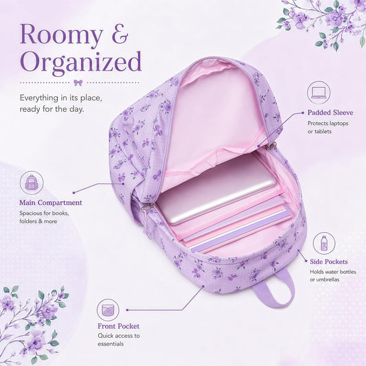 LEDAOU Kids Backpack for Girls Backpacks with Lunch Box, Lightweight Bookbag Set Elementary Middle School Back pack for 8-14 - color: Small Flower Bow - Purple