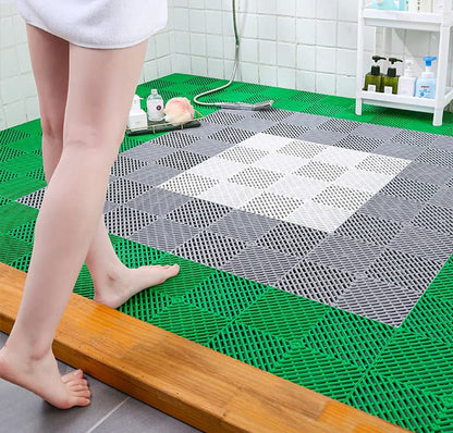 SOUJOY 12 Pieces Modular Interlocking Cushion, 11.6" x 11.6" Rubber Floor Tiles with Holes, Non-Slip Splicing Drainage Mat for Pool Shower Bathroom Kitchen Patio Balcony Yard Pet Area