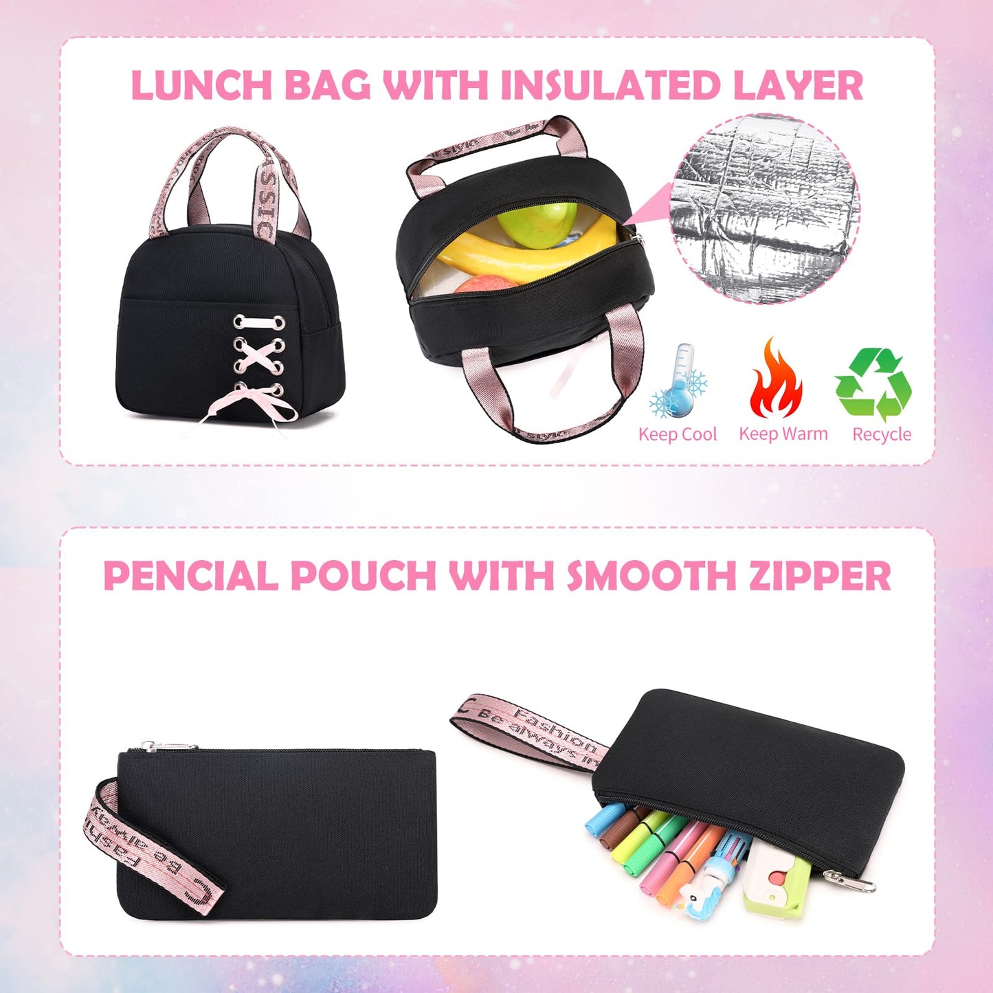 ACESAK Backpacks for Girls, Girls Backpack with Lunch Box and Pencil Case for Teen Kids Elementary Middle High School College Student, Children School Backpack Bookbag with USB Charging Port (Pink) - color: Black & Pink