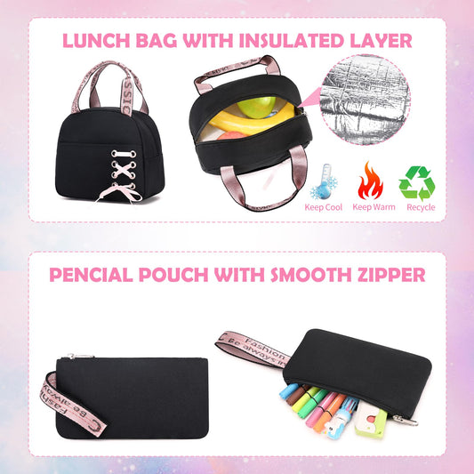 ACESAK Backpacks for Girls, Girls Backpack with Lunch Box and Pencil Case for Teen Kids Elementary Middle High School College Student, Children School Backpack Bookbag with USB Charging Port (Pink) - color: Black & Pink