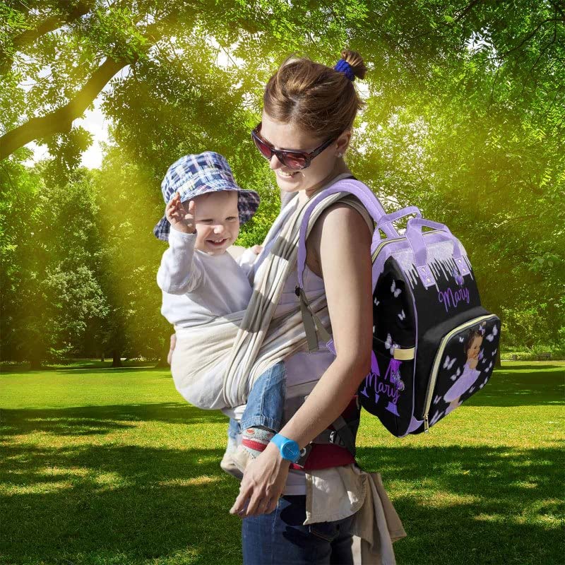Artsadd Custom Name Diaper Bag Backpack, Personalized Butterfly Baby Girl Mommy Nursing Bags Multifunction Waterproof Large Nappy Knapsack for Mom Gifts - color: Blue