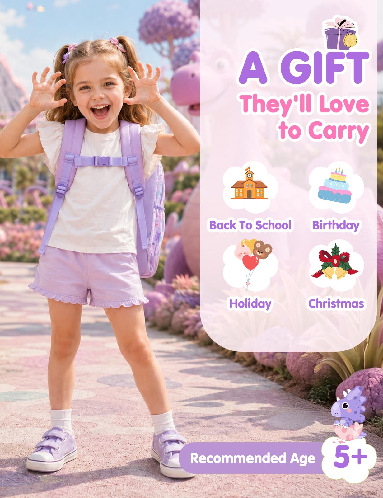 VASCHY Kids backpacks, Cute Lightweight Water Resistant Preschool Backpack for Boys and Girls Chest Strap | Cute - color: Purple Dinos, size: Small (4-6 Yrs) - 15'' H