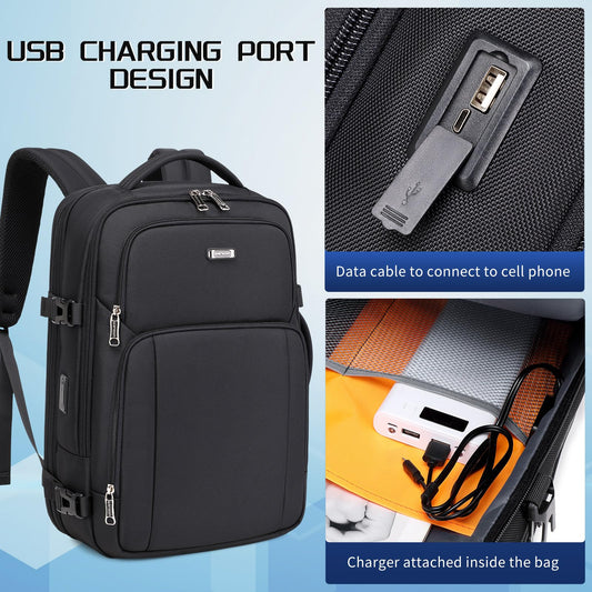 DUSLANG Travel Laptop Backpack, 17 inch Business Flight Approved Carry on Backpack, Large Capacity Computer Backpack for Men Women with USB Charging Port and Lock Trolley Sleeve, Black - color: Black -B