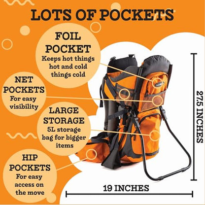 Hiking Baby Carrier Backpack - Comfortable Toddler/Baby Backpack Carrier System with Diaper Change Pad, Insulated Pocket + Rain and Sun Hood to Protect Your Child - color: Orange/Grey